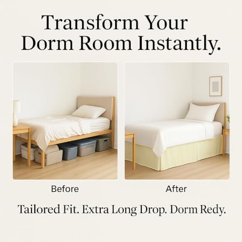eBeddy Linens Split Corner Dorm Bed Skirt Twin XL – 42 Inch Drop, 100% Microfiber, Extra Long Bed Skirt for College Dorm, Platform Style, Ivory Solid, Hidden Storage Solution, Easy Fit