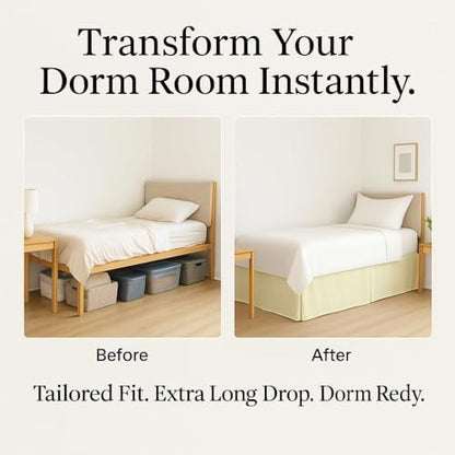 eBeddy Linens Split Corner Dorm Bed Skirt Twin XL – 42 Inch Drop, 100% Microfiber, Extra Long Bed Skirt for College Dorm, Platform Style, Ivory Solid, Hidden Storage Solution, Easy Fit
