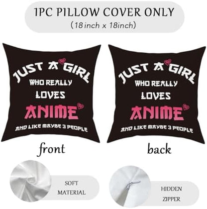 Anime Decor, Just a Girl Who Loves Anime Anime Room Decorative Throw Pillow Covers, Girls Anime Gifts Anime Lovers for Home Living Room Girl Women Bedroom Decoration Gifts Black