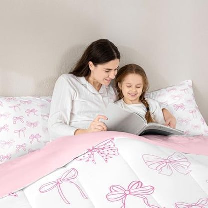 jejeloiu Bowknot Comforter Set Toddler Size Pink Bow Bedding Set for Kids Boys Girls Dreamy Princess Style Duvet Quilt Pink Bow Tie Bedroom Decor Microfiber 2 Pcs with 1 Pillow Cases