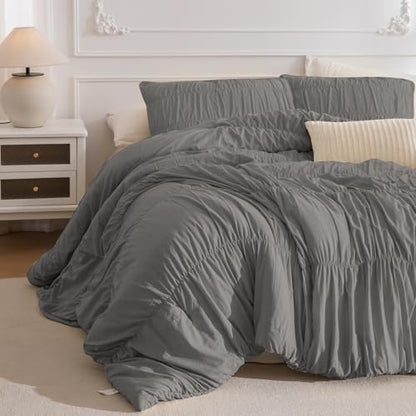 Masaca Grey Queen Comforter Set(90"x95"),Ruched Shabby Boho Chic Bedding Comforter Set,Vintage Gray Textured Ruffle Comforter for Queen Bed Fluffy Aesthetic Farmhouse Bedding 3 Pieces