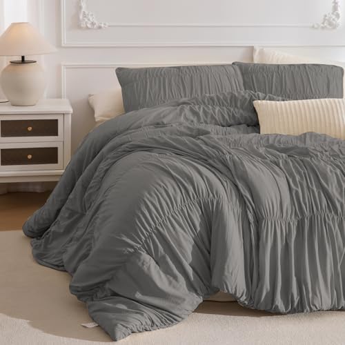 Masaca Grey Oversized King Comforter Set 128x120,Ruched Ruffle Comforter Extra Large King Size Bedding,Shabby Boho Chic Farmhouse Bedding 3PCS (1 Gray Comforter+2 Pillow Shams)