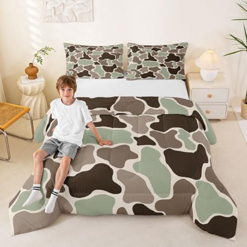 Feelyou Green Camo Bedding Set Soft for Boys Girls, Army Hunting Comforter Set Toddler Size Camouflage Duvet Quilt Microfiber Military Style Bedroom Decor 2 Pcs with 1 Pillow Cases