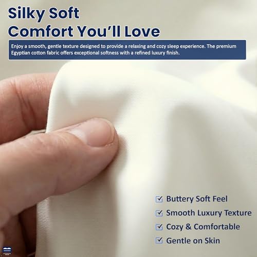Cottingon 4 Piece Short Queen Sheets, 15" Deep, Egyptian Cotton, Ivory
