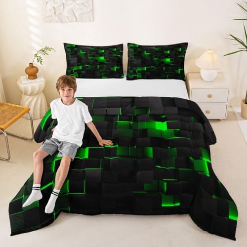 Erosebridal Black Green Comforter Set Full Neon Geometric Checkered Bedding Set for Kids Boys Gaming Room Decor,Teen Men Abstract Stereoscopic Grids Quilt Square Plaid Check Bed Set 3 Pcs
