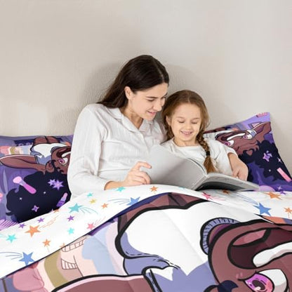 Black Princess Girl Kids Bedding Set King Size,African American Cartoon Cosmetic Comforter Set,Star Magical Cute Y2K Chic Quilt Comforter,Purple Bedroom Duvet Insert,2 Pillowcases