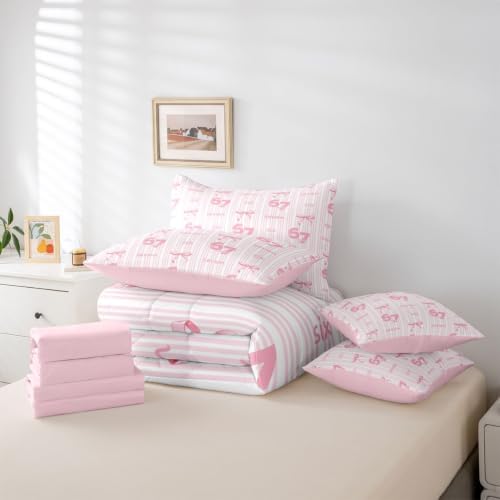 Erosebridal Twin Size Pink 67 Bow Comforter Set 7 Piece for Kids Girls Princess Bedroom,Cute Coquette Bowknot Bedding Set Girly Kawaii Six Seven Bed in A Bag Funny Trendy Number Print Bed Set