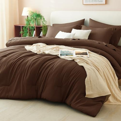 CozyLux King Size Comforter Set Brown, 7 Pieces Bed in a Bag