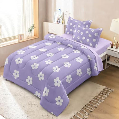 Twin Bedding Set for Girls Lavender Daisy Kids Comforter Set for Teens Purple Bed in a Bag Floral Microfiber Bed Sheet Sets