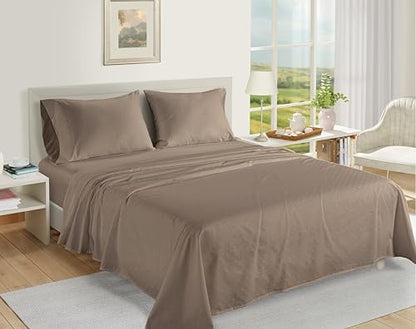 LANE LINEN Split King Sheets 100% Egyptian Cotton Sateen - Taupe Swiss Dot