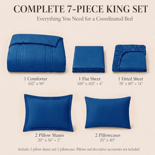 CozyLux King Size Comforter Set Classic Blue- 7 Pieces Bed in a Bag