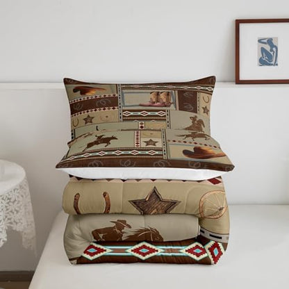 Manfei Western Comforter Set King Size, Cowboy Bedding Set 3pcs for Kids Boys Teens Bedroom Decor, West Horseshoe Boots Hats Wheels Quilt Set Rustic Farmhouse Duvet Set with 2 Pillowcases