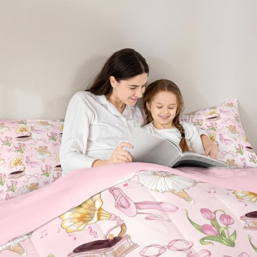Pink Bowknot Kids Bedding Set King Size,Ballet Shoe Bow Tie Cute Bear Comforter Set，Music Note Tulip Quilt Comforter,Princess Bedroom Duvet Insert,2 Pillowcases