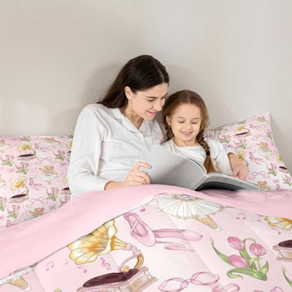 Pink Bowknot Kids Bedding Set King Size,Ballet Shoe Bow Tie Cute Bear Comforter Set，Music Note Tulip Quilt Comforter,Princess Bedroom Duvet Insert,2 Pillowcases