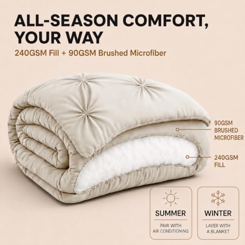 HIMEET Queen Comforter Set Beige - 7 Pieces Pintuck Bed in a Bag