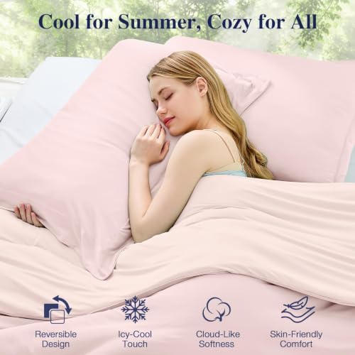 MUXHOMO Cooling Comforter Set King Size, Lightweight Summer Comforter for Hot Sleeper, Reversible Bedding with ICY Cooling Surface, Includes 1 Comforter (104"x90") and 2 Shams (20"x 36"), Light Pink