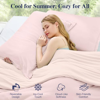 MUXHOMO Cooling Comforter Set King Size, Lightweight Summer Comforter for Hot Sleeper, Reversible Bedding with ICY Cooling Surface, Includes 1 Comforter (104"x90") and 2 Shams (20"x 36"), Light Pink