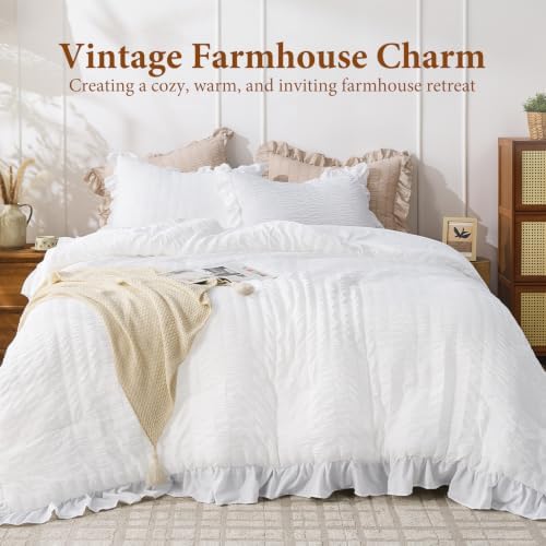 JOLLYVOGUE Bright White Full Comforter Set,3pcs Seersucker Comforters Full