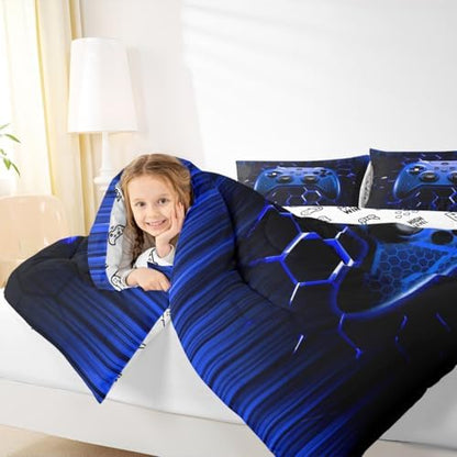 Manfei Honeycomb Gamepad Comforter Set Twin Size, Blue Geometric Reversible Bedding Set 2pcs for Kids Boy Game Room Decor, Modern Gamer Down Comforter Modern Gaming Quilt Set with 1 Pillowcase