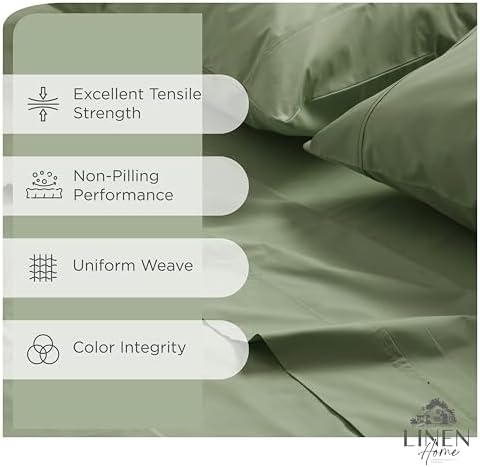 Linen Home 100% Cotton Percale Sheets Twin Size Pack of 2, Oil Green, Deep Pocket, 6 Pieces Set- 2 Flat, 2 Fitted and 2 Pillowcases, Crisp Cool and Long Staple Strong Bed Linen