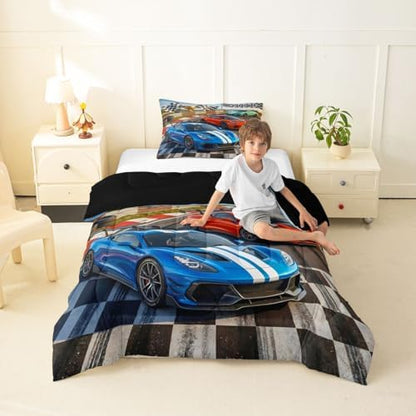 Feelyou Boys Race Car Bedding Set Soft for Boys Girls, Speed Sports Car Comforter Set Toddler Size Racing Extreme Sports Duvet Quilt Microfiber Automobile Bedroom Decor 2 Pcs with 1 Pillow Cases