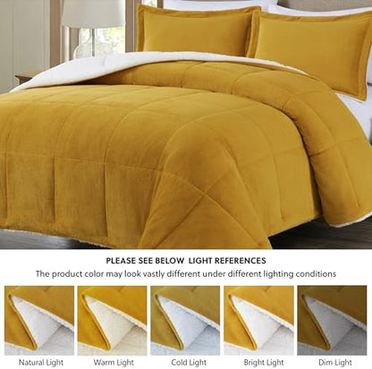 Chezmoi Collection Ultra-Soft Micromink Sherpa Comforter Set with 2 Pillow Shams - King Size Mustard Yellow Reversible Plush Bedding Comforter 3-Piece Set Warm Winter Blanket