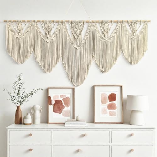 Extral Large macrame wall hanging, 71'' W x 32'' L boho wall art tapestry wall decor for urban entryway,living room,bedroom decor, headboard woven wall art, big fiber art over couch art for Yarn hallway (Beige-C)