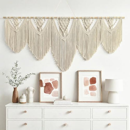 Extral Large macrame wall hanging, 71'' W x 32'' L boho wall art tapestry wall decor for urban entryway,living room,bedroom decor, headboard woven wall art, big fiber art over couch art for Yarn hallway (Beige-C)
