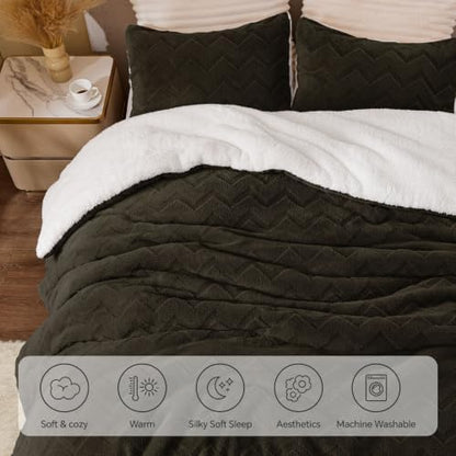BEDELITE Fluffy Sherpa Queen Comforter Set,Hot Chotolate