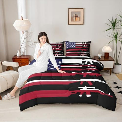 Erosebridal American Flag Comforter Set King,Army Military Bedding Set for Teens Man,Red Blue Stars Stripe USA Flag Bedding Comforter Soldier Quilt Duvet Set 2 Pillow Cases Bedroom Decor
