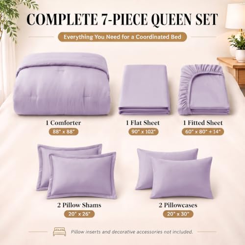CozyLux Queen Comforter Set Lavender, 7 Pieces Bed in a Bag