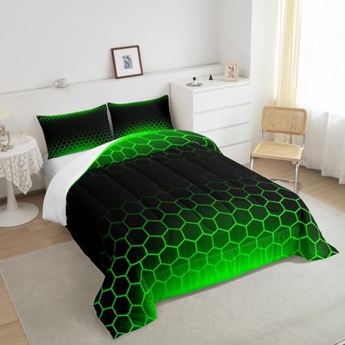 Green Black Ombre Honeycomb Comforter Full Size for Boys Girls, Geometrics Hexagon Comforter Set Abstract Green and Black Bedding Set Hexagonal Duvet Set Microfiber Bed Set