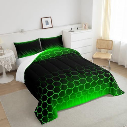 Green Black Ombre Honeycomb Comforter Full Size for Boys Girls, Geometrics Hexagon Comforter Set Abstract Green and Black Bedding Set Hexagonal Duvet Set Microfiber Bed Set