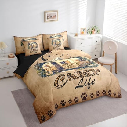 Erosebridal Happy Camping 7 Piece Bedding Set Leopard Print Camper King Size Bed In A Bag For Kids Teens Adult Bedroom Vintage Rv Farmhouse Comforter Set With Sheets Rustic Cabin Lodge Bed Sets, Brown