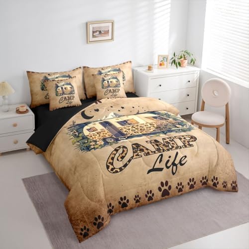 Erosebridal Happy Camping 7 Piece Bedding Set Leopard Print Camper Full Size Bed In A Bag For Kids Teens Adult Bedroom Vintage Rv Farmhouse Comforter Set With Sheets Rustic Cabin Lodge Bed Sets, Brown