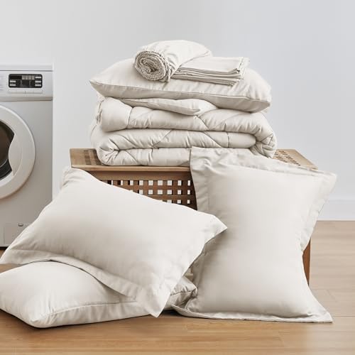 Love's cabin Queen Comforter Set Off White, 7 Pieces Queen Bed in a Bag, All Season Bedding Sets with 1 Comforter, 1 Flat Sheet, 1 Fitted Sheet, 2 Pillowcase and 2 Pillow Sham