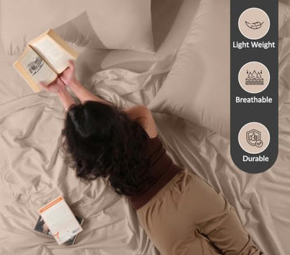 RUVANTI 100% Cotton Split King Sheets, Percale Sheets Set, Sand Stone