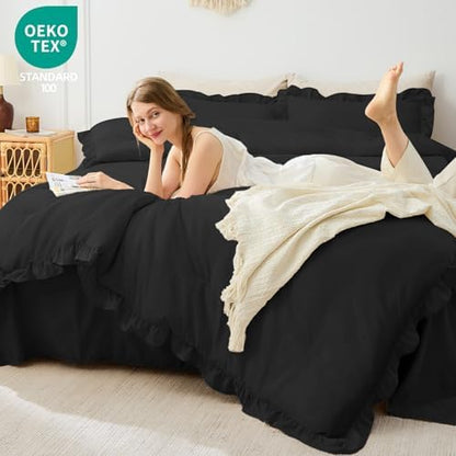 FUANNA Full Size Comforter Sets, Ruffle Bedding Set, 3 Piece Bed Set, Black