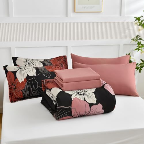 Luxudecor Red Floral Comforter Set Full, 7 Pieces Bed in a Bag