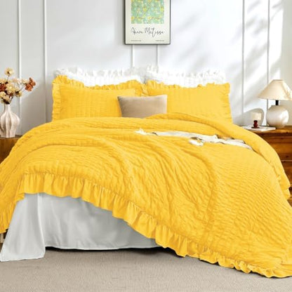 JOLLYVOGUE Pumpkin Yellow Full Comforter Set,3pcs Ruffle Seersucker Bed Set
