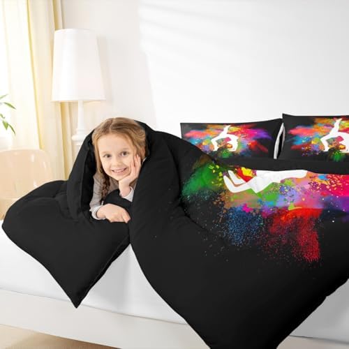 Gymnastics Dancing Comforter Set King Size,Girls Rainbow Watercolor Tie Dye Bedding Set for Kids Woman Room Decor,Cheerleading Bedspread Yoga Lover Down Comforter 3pcs with 2 Pillowcases,Black