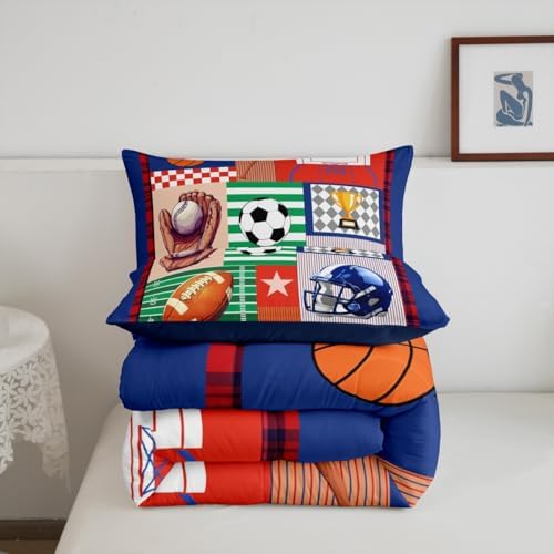 Football Basketball Baseball Comforter Set Toddler Size Sports Ball Bedding Set Kids Boys Teens Geometric Patchwork Grid All Season Quilt Set Rugby Helmet Bedding Comforter Sets with 1 Pillowcase