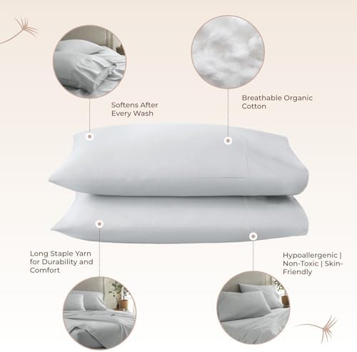 100% Organic Cotton Pillow Cases Queen Size Set of 2-100% Cotton Pillowcases GOTS Certified 300 Thread Count - Naturally Cooling Comfortable Breathable & Soft Pillow Cases (Shore, Queen)