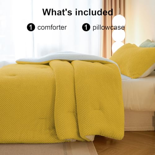LLanCL 3D Jacquard Design Comforter Set, Ultra-Soft Warm Twin Size Sherpa Fur Plush 2-Pieces Sets Luxury Cozy Bedding with 1 Pillowcase (68"x90", Mustard Yellow)