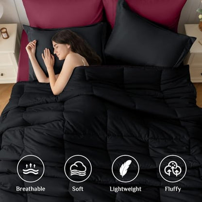 JOLLYVOGUE Twin XL Comforter Set, Ultra-Soft Bed in a Bag Twin XL Size 5 Pieces, Oeko-TEX Certified Bedding Set with Down Alternative Comforter, Sheets, Pillowcases & Shams, Black & Deep Burgundy