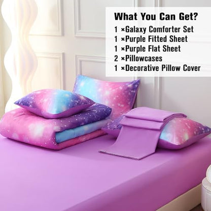 JQinHome Glitter Bedding Set Full Size,6 Piece Bed in A Bag 3D Colorful Rainbow Galaxy Comforter Set for Girls Kids-All Season Microfiber Tie-Dye Bedding Sets(Blue Purple)
