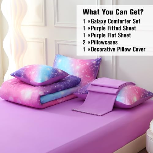 JQinHome Glitter Bedding Set Queen Size,6 Piece Bed in A Bag 3D Colorful Rainbow Galaxy Comforter Set for Girls Kids-All Season Microfiber Tie-Dye Bedding Sets (Blue Purple)