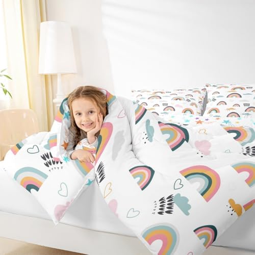 Erosebridal Rainbow Bedding Set for Kids Girls, Pink Love Heart Comforter Set Full Size Cartoon Cloud Geometric Stripes Bedding Comforter for Boys Children Women Watercolor Art Girly Duvet Sets
