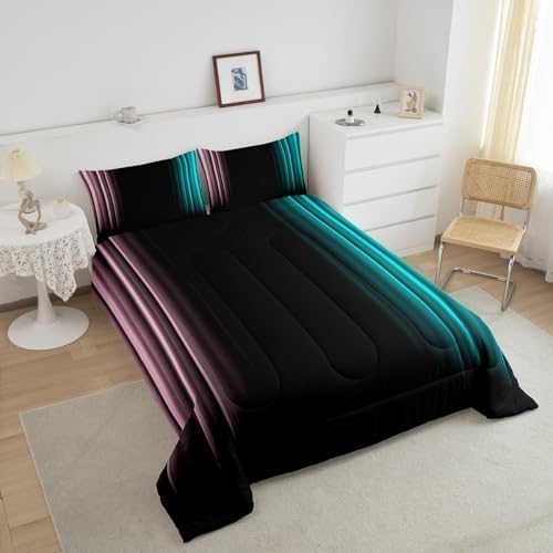 Feelyou Teens Abstract Ombre Decorations Bedding Set for Kids Women Pink Teal and Black Comforter Set Geometric Modern Quilt Set Room 2Pcs Twin Size