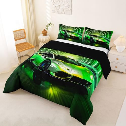 Feelyou Boys Race Car Kids Comforter Set Queen Size Speed Sports Bedding Set Racing Extreme Sports Duvet Quilt for Kids Boys Girls Bedroom Green Racing Car Decor Microfiber Ultra Soft Breathable